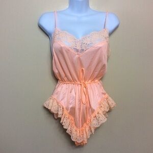 Vintage 70s JC Penney peach one piece lace lingerie   Small